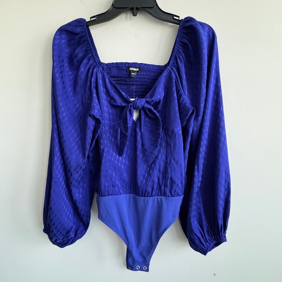 Express Tops - Express Houndstooth Tie Front Puff Sleeve Bodysuit Large NWT
